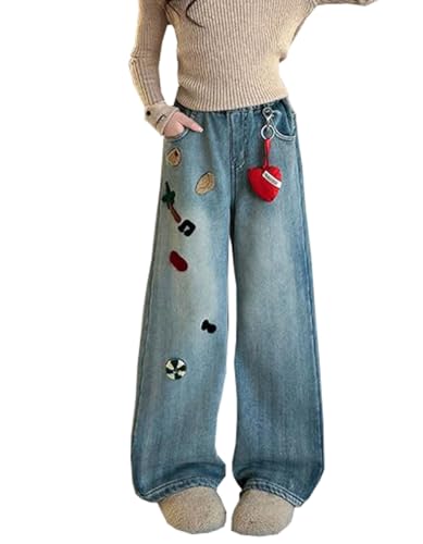 Girls Jeans Elastic Waist Casual Denim Pants Embroidery Straight Pants Kidss Long Jeans Trousers4