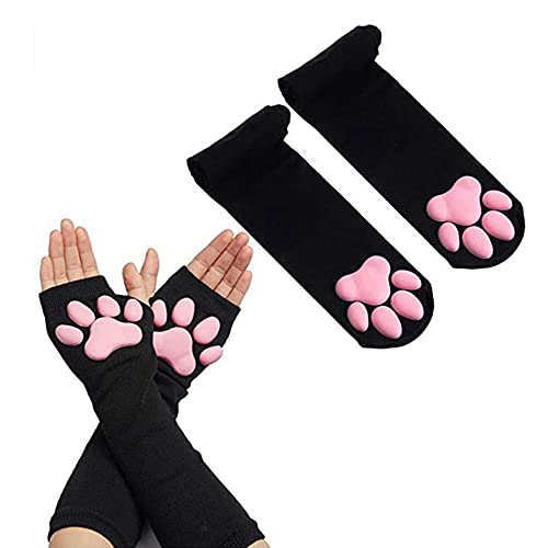 HOMEGYMFREE Cute Cat Paw Mittens Gloves Kawaii Cat Cosplay Kawaii Soft 3D Toes Beans Fingerless Christmas Cat Claw Paws Pad Sleeve (Black Socks+Long Gloves)