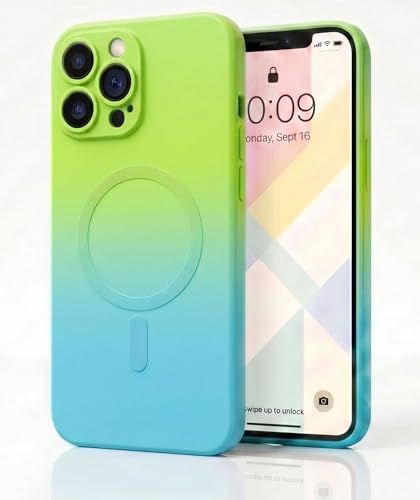 Image of amazon basics Gradient Mag-Safe Case for iPhone 13 Pro Max | Soft Silicone Shockproof Cover with Camera Protection | Slim Lightweight Design | Smooth Touch & Durable - Green & Blue