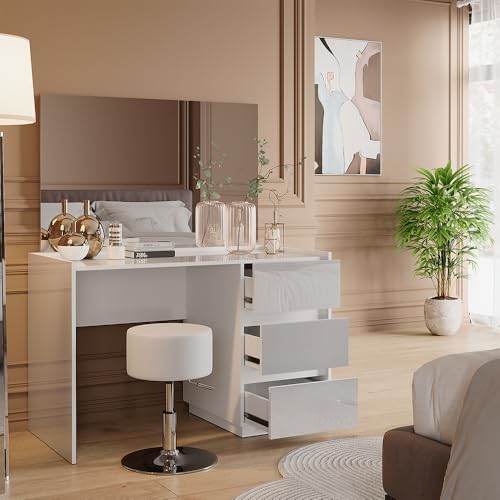 Vicco Tocador Marla, Blanco Alto Brillo, 120 cm con Espejo y Taburete