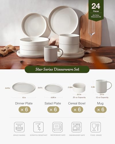 Image of Famiware Star Dinnerware Set with Mugs, Service for 6 (24 Pieces), Ribbed Stoneware Plates and Bowls Dishes Sets - Chip & Scratch Resistant, Microwave & Dishwasher Safe, Matte White