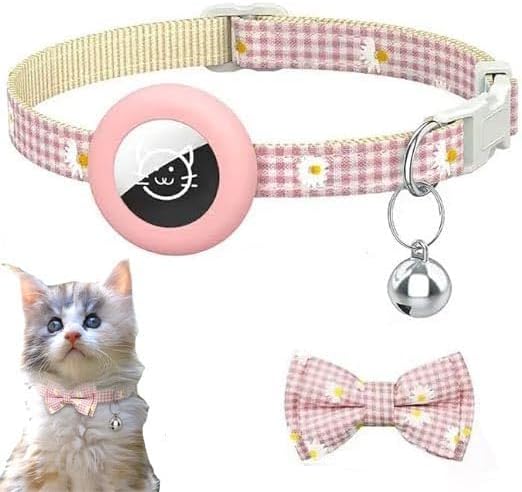 Cat Collar, Adjustable Air tag Cat Collar with Safety Buckle and Bell, Cat Necklace with Waterproof Holder for Cat and Puppy Dogs, Cute Checked Pet Collar (Pink)