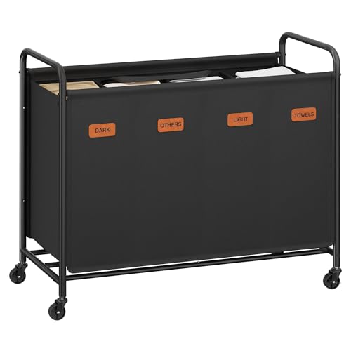 SONGMICS Panier à linge avec roulettes, panier à linge 4 compartiments, 200 l, panier à linge mobile, 5 étiquettes, pour buanderie, chambre à coucher, salle de bain, noir d'encre RLS460B01