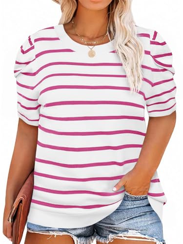 Image of Beautife Womens Plus Size Short Puff Sleeve Sweater Tops Lightweight Striped T Shirts Summer Casual Crew Neck Knit Pullover Pink