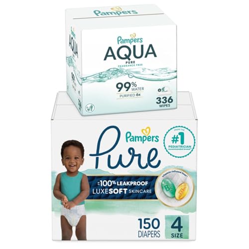 Image of Pampers Pure Protection Disposable Baby Diapers Size 4, One Month Supply (150 Count) with Aqua Pure Baby Wipes, 6X Pop-Top Packs (336 Count)