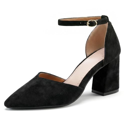 Qynthra Pumps Profesionales de Ante Punta Afilada Tacón de Bloque Dos Tonos Zapatos de Oficina Tacones Vestir D'Orsay para Oficina de Trabajo y Reuniones de Negocios,Negro,35 EU