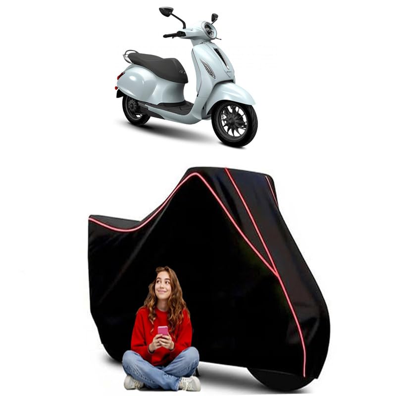 Image of Urbanite Chetak BS6 BS4 Scooty Bike Cover Water Resistant Outdoor Use Universal Fit Scooters Motorcycles Heavy Duty UV Protection Dust Rain Scratch Resistant Elastic Bottom Black Blue Piping