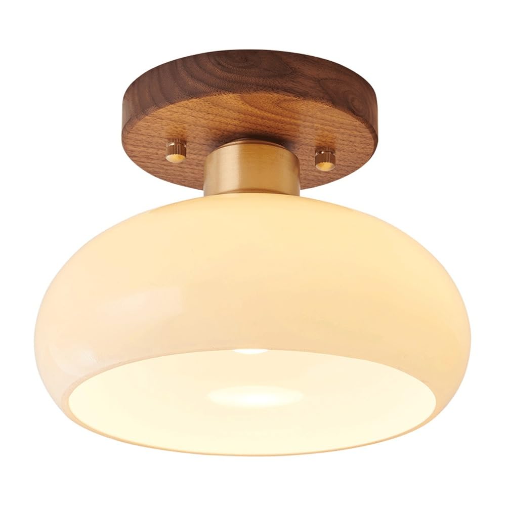 MESOVFCA Modern French 7.9-Inch Persimmon Semi Flush Mount Ceiling Light, Walnut Wood Glass Hanging Lamp, Retro Nordic Creamy Globe Fixture for Hallway Entryway Bedroom E26 Base