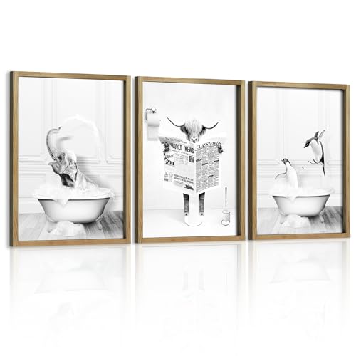 Heiple Set of 3 Framed Bathroom Wall Art Funny Penguin, Cow & Elephant for Funny Bathroom Wall Decor Hanging Farmhouse Home Bathroom Decor Sets Vintage Humor Animals Wall Art Bathroom （8*10IN，Brown）
