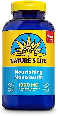 Nature's Life Monolaurin 1000 mg, Nourishing Monolaurin from Natural Raw Coconut, Immune Support Supplement, Gut Health, Balanced Gut Flora, 60-Day Guarantee, 125 Servings, 250 Vegetarian Capsules