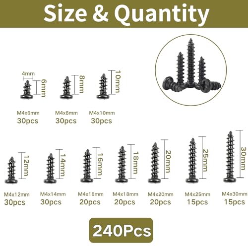 Tornillos Autorroscantes de Madera M4 Negro 240 Piezas miniatura 2