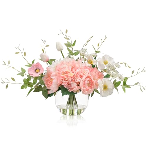 WELL KNOWN Artificial Flowers in Vase, Fake Silk...