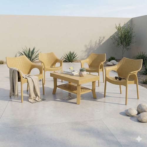 Image of Oaknest Supreme Cambridge with Vegas Plastic Outdoor Chair and Table Set | 4 Rattan Chairs + 1 Table | Weatherproof, Lightweight | Garden & Patio Use Cane