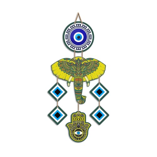 Image of Artvibes Colorful Elephant Evil Eye Wall Hanging for Home Entrance | Lucky Elephant MDF Nazar Battu Decor | Vastu Decorative Wall Art for Living Room | Bedroom | Balcony | Gift Item (WH 8550N)