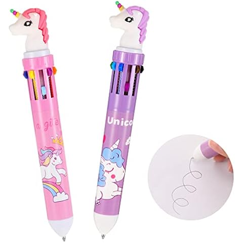 2 Pcs Unicorn Multi Coloured Pens All in One Novelty 10 in 1 Retractable Ballpoint Pen 0.5 mm Liquid Ink Multicolour Cartoon Unicorn Pen for Office School Supplies Students Children Kids Gifts Cover