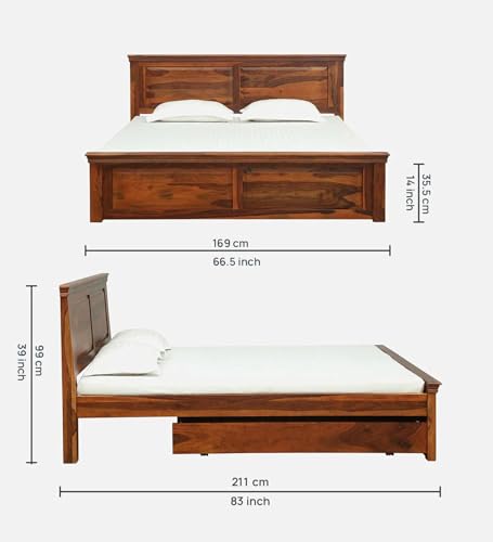 Image of Solid Sheesham Wood Queen Size Bed | Modern Queen Bed with - Storage, for Bedroom,Living Room | Colour Brown | (Brown16)