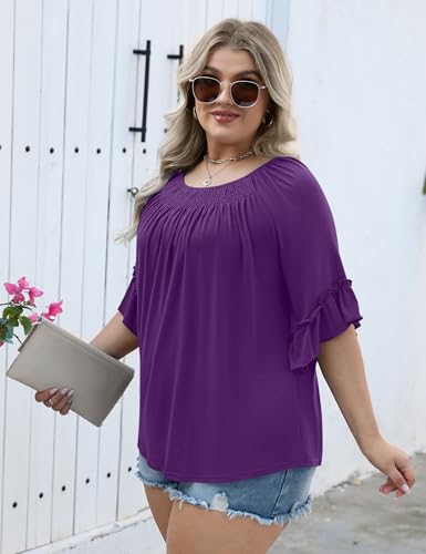 Image of Micoson Womens Plus Size Tops 3 /4 Ruffle Sleeve Crewneck Pleated Shirts