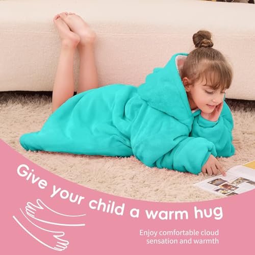 yescool Wearable Blanket Kids Hoodie, Birthday Teen Girls Gifts for 8-15 Year Old Kids Oversized Sweatshirt Sherpa Flannel Cozy Hooded Blanket with Pocket for Children, Youth Teens, One Size, Teal