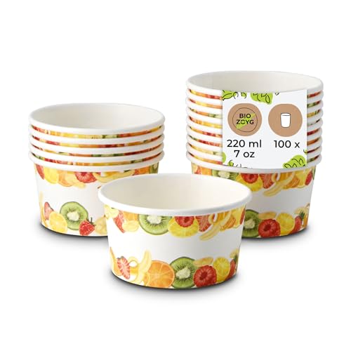 BIOZOYG coppette per gelato in cartone 100 pezzi 150 ml Ø 92 mm stampate - Coppe per dessert rivestite monouso - Coppe per snack da asporto: dessert, gelaterie, candy bar, yogurt, frutta, waffle
