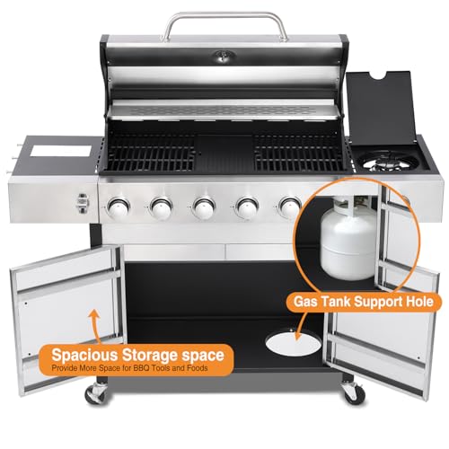 6 Burner Propane Gas Grill with Side Burner, Cast Iron Grates, Plate, Lid and Warming Rack, Large Cabinet Style BBQ Grill for Barbecue Grilling Backyard Cooking, 620 SQ. IN. Cooking Area - Image 7