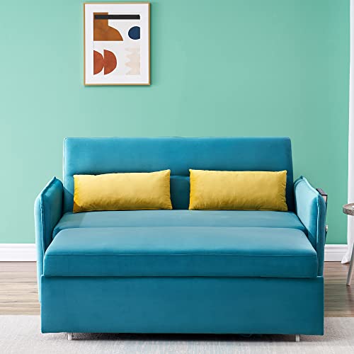 Merax 54" Velvet Pull Out Sleep Sofa Bed,Blue Green Velvet Sleeper Bed With Two Pillows,Loveseats Sofa Couch With Adjustable Backrest For Living Room Small Spaces #TOP3