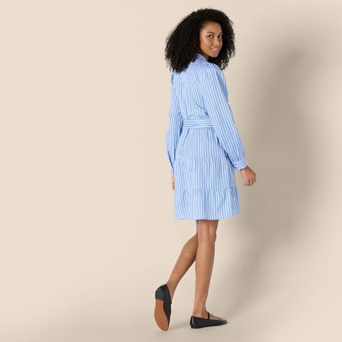 Image of Amazon Essentials Women's Regular-Fit Cotton Sateen Tiered Shirt Dress with Puff Shoulder Sleeves, Collar Band, Button-Front