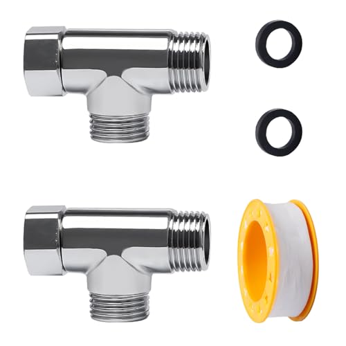 Sxutop 2 Stück 3 Wege Verbindungsventil, 1/2 Adapter T Stück Wasseranschluss 3 Wege Umschaltventil G1/2 Zoll Abzweigverteiler T-Stück Verteiler für Eckventile, mit Dichtungsringe und Dichtungsband
