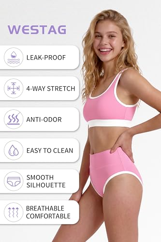 Image of Period Swimwear Two Piece Leakproof Swimsuit Menstrual High Waist Bikini Sets Color Block Bathing Suit for Teen Girls