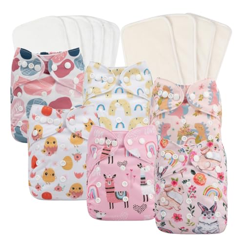Image of babygoal Reusable Cloth Diapers 6 Pack with 10pcs Inserts, One Size Adjustable Washable Pocket Nappy Covers for Baby Girls and Boys 6FG25