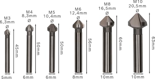 Fraises coniques à lamer set de 6 pièces 45 63 mm / 510 mm / 6 3 8 3 10 4 12 4 16 5 20 5 mm 6pc - vue 4
