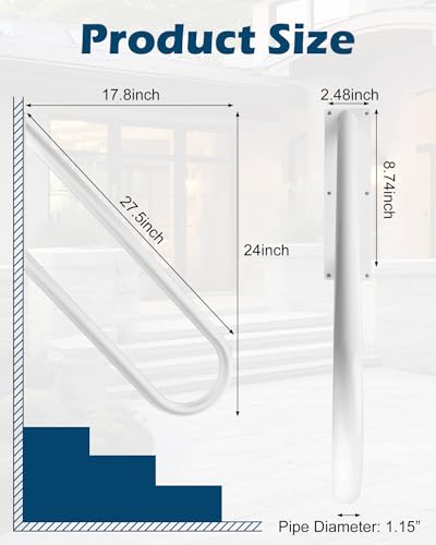 MUZIK Handläufe für Außentreppen, 27,5 Zoll U-Form Wandhalterung Treppengeländer Innen, Metall Handgeländer für Veranda, Garage, Hof und Garten – Bild 3
