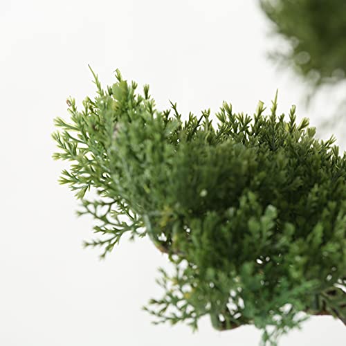 Realistic Faux Cedar Bonsai Tree, Houseplant, White Round Pot, Pebbles, 18.5 H Inches, 3.0 Lbs #TOP4