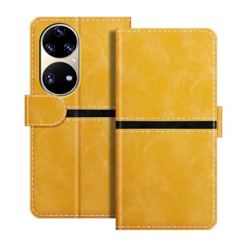 ESACMOT Funda Cartera de Cuero Compatible con Huawei P50 Pro Diseño de Rayas Horizontales Flip Cover Protectora con Ranura para Tarjeta Cierre Magnético (Dorado)