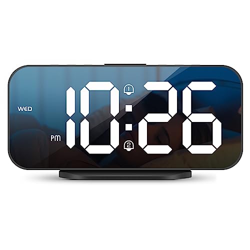 Alanas Digital Alarm Clock With Dual Alarms, Mirror Led Bedroom Clocks With Big Number, Adjustable Brightness, Snooze, 2 Usb Ports For Cellphone Charging, 12/24 Hour Switch. #TOP10