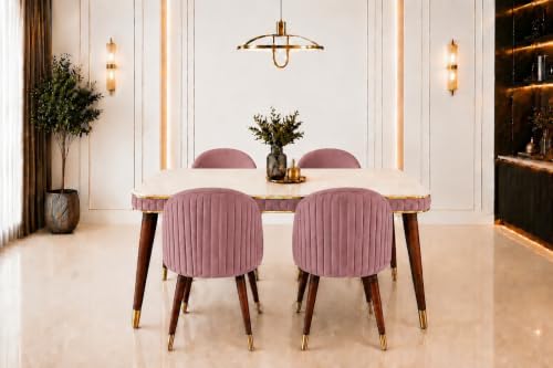 Image of WOODEN SPACE Majestic 4 Seater Wooden Dining Table Set | Urban Marble Top Dining Table with Chairs for Dining Room & Kitchen (Pink Majestic Backline)