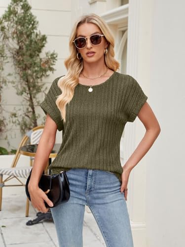 Womens Short Sleeve Textured Tops Crewneck Knit Solid Loose Casual Basic T Shirts Tee Blouses