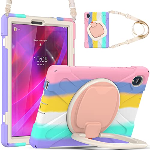 Compatible avec Lenovo Tab K10 10,3" 2021/M10 FHD Plus 2ème génération TB-X606 2020, poignée rotative à 360°, silicone résistant aux chocs, coque en polycarbonate avec bandoulière (C rose)
