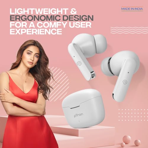 Image of pTron Bassbuds Duo in Ear Earbuds with 32Hrs Total Playtime, Bluetooth 5.1 Wireless Headphones, Stereo Audio, Touch Control TWS, with Mic, Type-C Fast Charging, IPX4 & Voice Assistance (White)