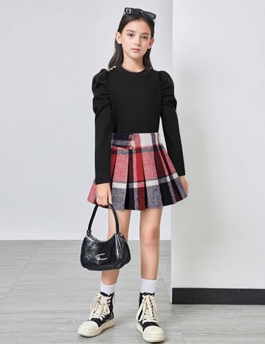 Image of Fuermos Toddler Girl Clothes Puff Sleeve Top and Pleated Girls Plaid Skirt Set 2PCS Girls Outfits Fall Winter