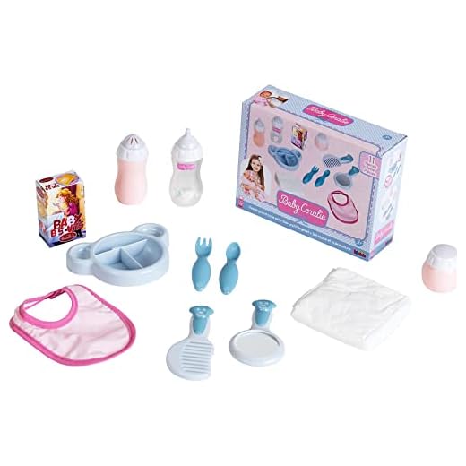Theo Klein 1732 Juego de comida y cuidado de muñeco Baby Coralie | Incluye biberón, cubiertos, babero, pañal, espejo, etc. | Juguete para niños a partir de 3 años