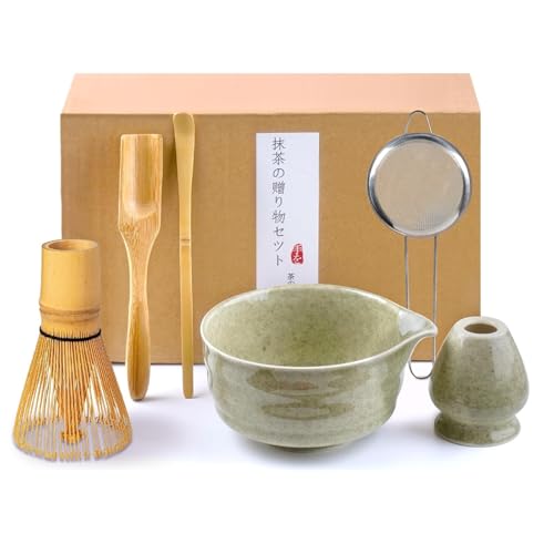 VIBINHO Matcha Set, 6 Stück Matcha Tee Set mit Matcha Besen, Edelstahlsieb, Matcha Schale, 2 Matcha Löffel, Besenhalter aus Keramik, Geschenk für Matcha-Liebhaber, Grün Pflaume