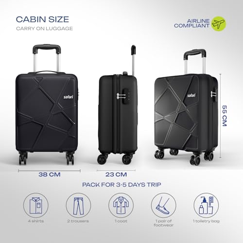 Image of Safari Pentagon Pro 8 Wheels Cabin Trolley Bag Polypropylene Hard Case, 360º Wheeling Carry on Luggage for Men & Women, Suitcase for Travel, Black, 55 cm