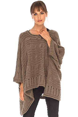 Image of SHU-SHI Womens Oversized Cable Knit Sweater Cowl Neck Sleeved Poncho Topper Boho Casual