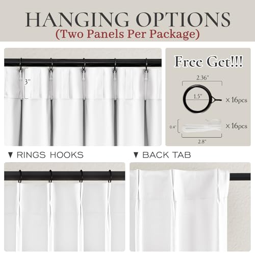 Image of Bright White Pinch Pleated Blackout Curtains 90 Inches Long for Bedroom, Neutral Thick Linen Blend Room Darkening Patio Door Curtain Hook Ring Thermal Privacy Windows Drapes 40 inchW x 90 inchL x 2 Panels Set