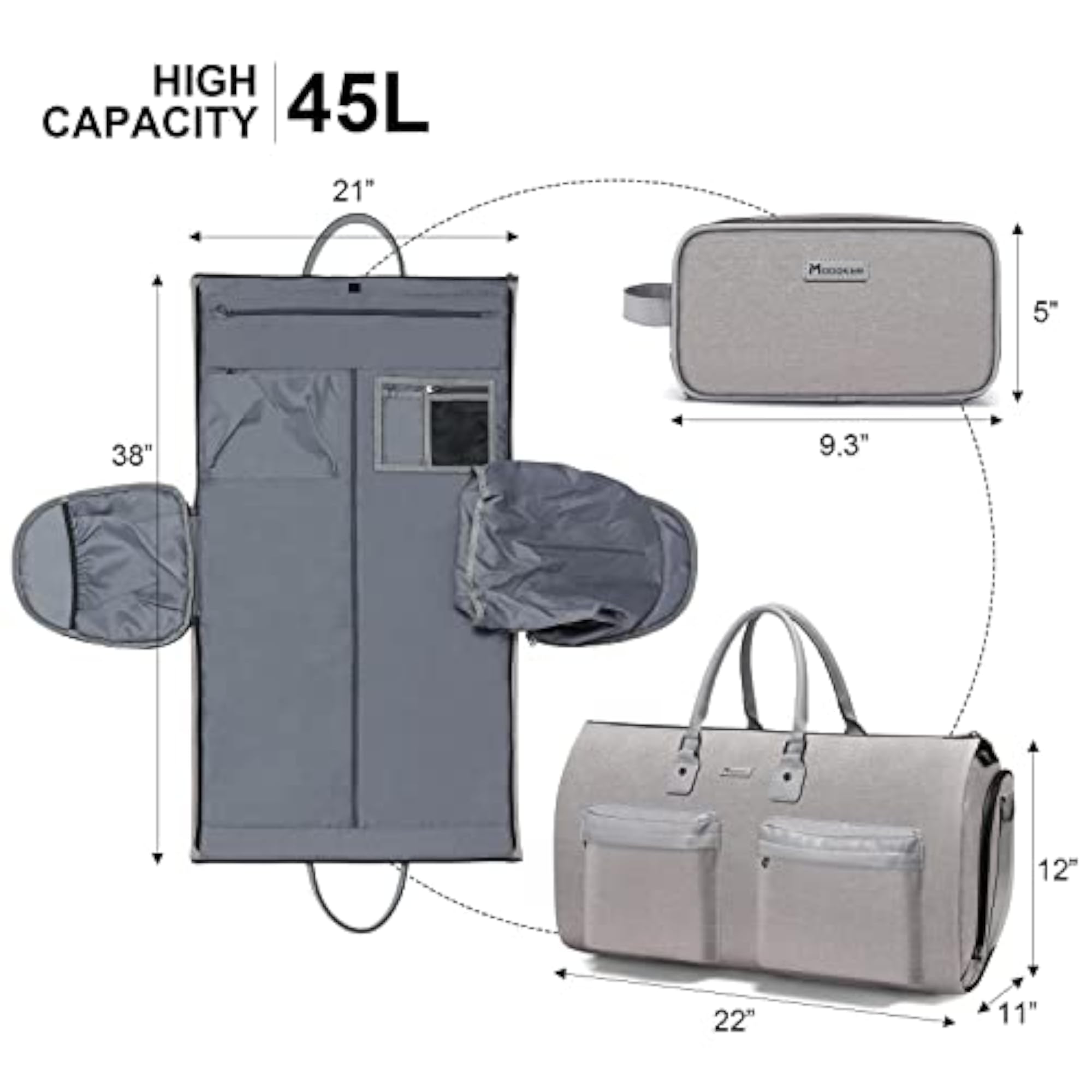 Convertible Garment Bag with Toiletry Bag, Light Grey