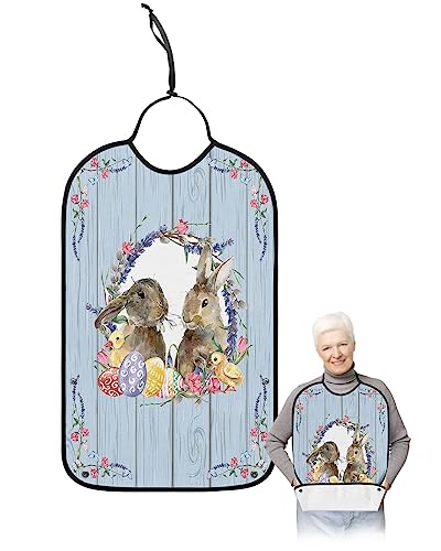 Spring Easter Adult Bibs for Eating, Waterproof Bibs with Food Catcher & Adjustable Snap Closure, Bunny Wreath Colorful Eggs Blue Retro Wood Clothing Protectors Adult Bibs for Elderly Women/Men