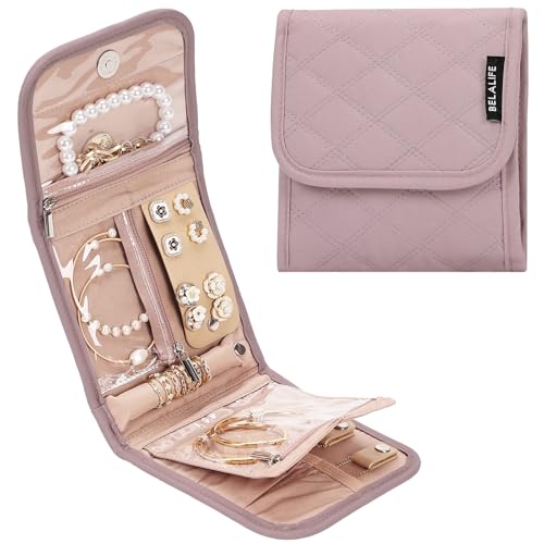BELALIFE Travel Jewelry Case Organizer, Small Foldable Storage Roll for Earrings, Necklaces, Rings, Bracelets, Brooches, Peach-Pink