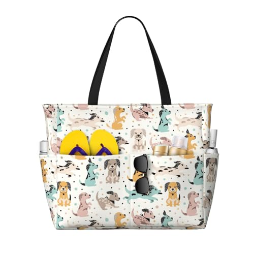 VOSERY Bolsas de playa grandes impermeables a prueba de arena, lindo perro cachorro No.1012 bonitas bolsas de playa para mujer con cremallera