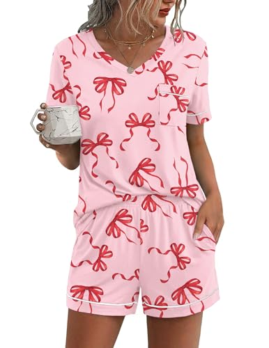 Image of Ekouaer Pajamas for Women Set Short Sleeve Loungewear Soft Pjs Shorts Set | V Neck Sleepwear with Pocket,Comfy Lounge Sets,Comfortable Fit,lightweight,Maternity,Gift,Sleeping & Bedtime,Lounging at Home