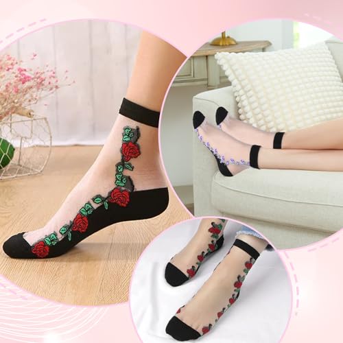 cobee 5 Pairs Sheer Socks Women, Lace Ankle Nylon Mesh Socks, Floral Cute Transparent Socks See Through Socks For Women4